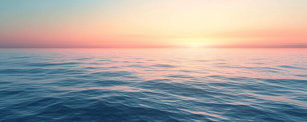 Background image of a light to dark gradient of a view of a beach, sea, light orange sky, and setting sun.
