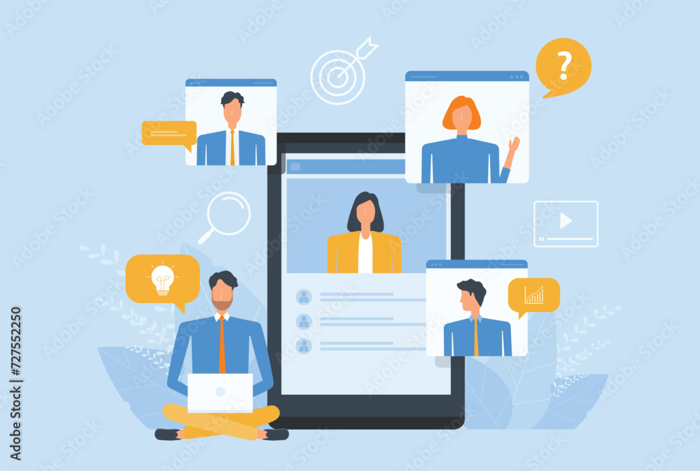 Aufkleber business smart working with online video conference meeting concept with  business people team working from anywhere with internet wireless technology connection. flat vector illustration design 