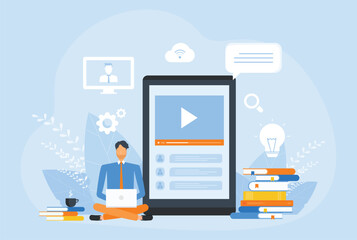 flat vector illustration design people Use technology for online education and E-learning at home concept

