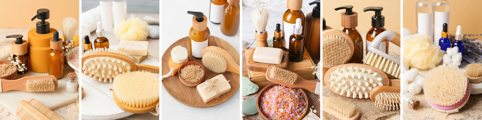 Collage of bath accessories and cosmetics on table