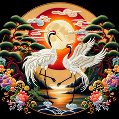 a traditional Chinese embroidery piece, featuring a couple of cranes among lush trees under a full moon, highlighted with vibrant colors and intricate stitching techniques to capture the essence of tr