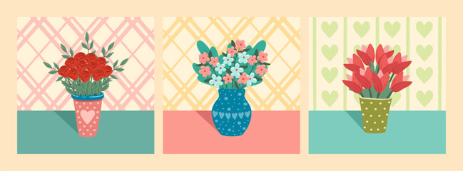 Set of illustrations of vases with flowers. Bright blooming flowers in vase. Elements for greeting card, invitation, print, sticker. Still lifes for birthday, mother's day, valentine's, woman's day.	