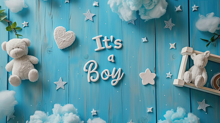 Its a Boy, in text over blue wood and white stars and hearts - obrazy, fototapety, plakaty