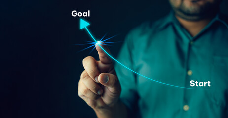 Hand point finger press start button goal. Beginning goal new target. Point to success business....