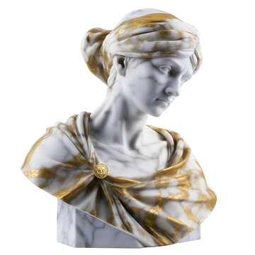 Bust, marble plaster statue head painted with gold paint isolated on transparent and white background. PNG transparent