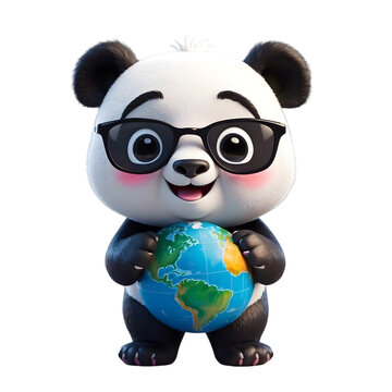 3d panda bear with a sunglasses and hold globe