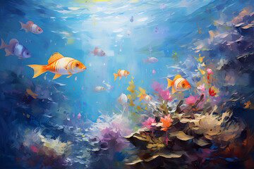 Naklejka na ściany i meble Beautiful underwater landscape. Oil painting in impressionism style.