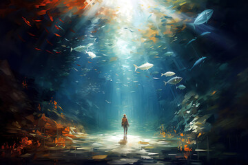 Beautiful underwater landscape. Oil painting in impressionism style. - obrazy, fototapety, plakaty