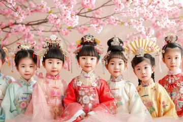 portrait of Chinese kids in traditional costume, cherry blossom background - obrazy, fototapety, plakaty