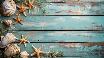 sea background, seashells on blue wooden boards with space for text