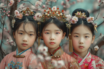 portrait of Chinese kids in traditional costume, cherry blossom background