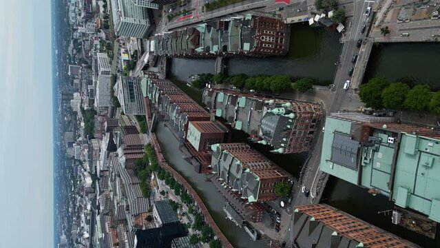 Flying Over Residential Building on Tye Water, Hamburg, Germany, Wide Aerial, Tracking Backwards, Vertical 