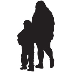 A silhouette of a woman and child walking