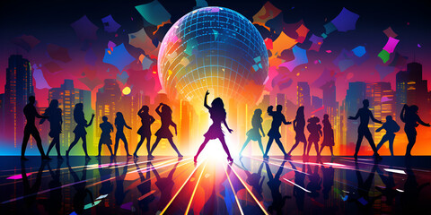 Silhouette of crowd in discotheque with disco light pop art graphic | Vibrant vector graphics of disco dancers groovy and retro |  "Feel the Rhythm, Move the Crowd: A Groovy Silhouette Explosion
