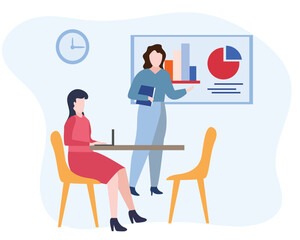 Meeting in office for grow up business with colleague and team members. Business people analytics and monitoring marketing report chart dashboard. flat vector illustration.