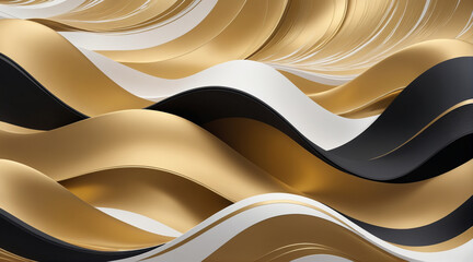 Abstract background with wave effect and like flowing water. Gold, black and white in color