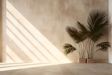 An empty room, an empty wall , a palm tree inside a vase in side  , sunlight entering the room , shadow