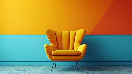 Pastel multicolor vibrant groovy retro striped background wall frame with yellow armchair. - obrazy, fototapety, plakaty