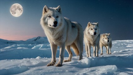 Fototapeta premium A pack of arctic wolves wandering across a snowy glacier landscape under a full moon Generative AI