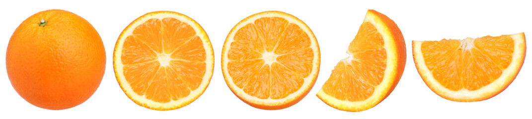 Orange fruit, half and slices isolated, transparent PNG, collection, PNG format, cut out