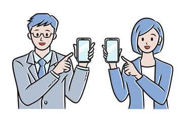 スマホを指差す男女のビジネスパーソンイラスト素材	