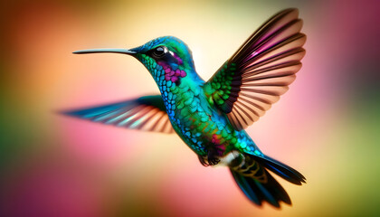 Fototapeta premium a hummingbird in mid-flight, showcasing its iridescent plumage and frozen wing movement against a blurred background