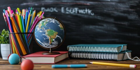 A globe, books, and colored pencils against a world map backdrop, back to schools concept