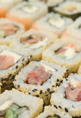Close-up of a lot of sushi rolls with different fillings lie on a wooden surface. Macro shot of cooked classic Japanese food with a copy space.