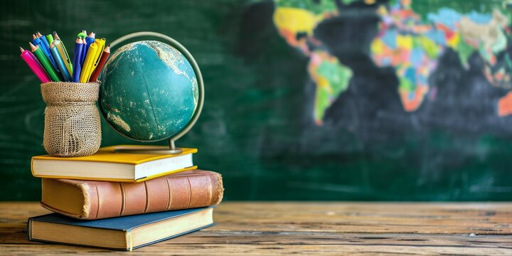 A globe, books, and colored pencils against a world map backdrop, back to schools concept