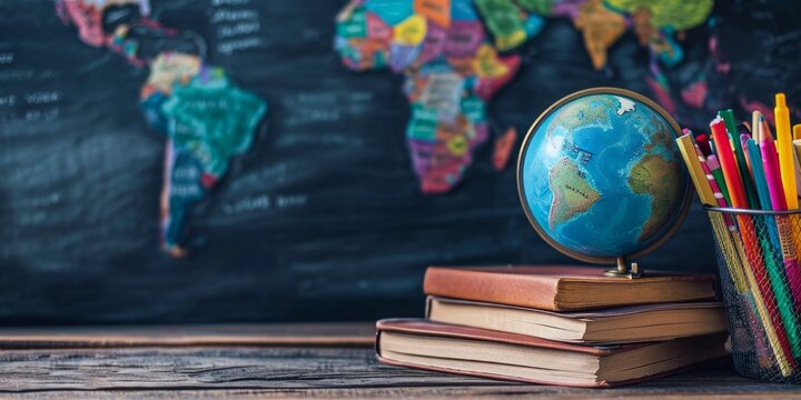 A globe, books, and colored pencils against a world map backdrop, back to schools concept