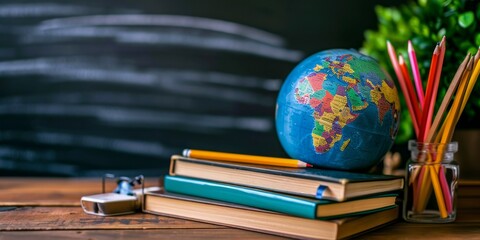 A globe, books, and colored pencils against a world map backdrop, back to schools concept