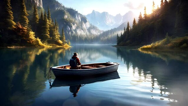 Fisherman in a boat on the lake in the mountains 3d rendering illustration