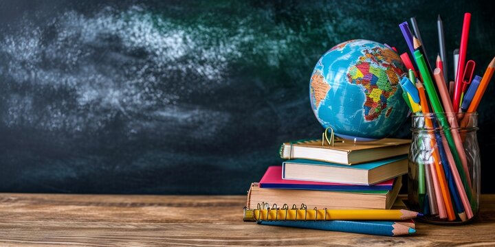A globe, books, and colored pencils against a world map backdrop, back to schools concept