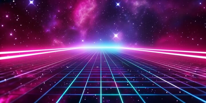 Futuristic background with a glowing grid in the outer space. 3d rendering