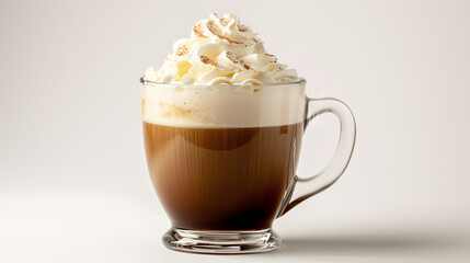 irish coffee with cream, Latte macchiato with whipped cream isolated on a white background with copy space.