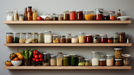 Various jars on wooden shelves.