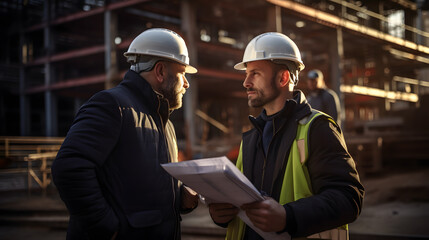 Construction engineers at a construction site. Neural network AI generated art