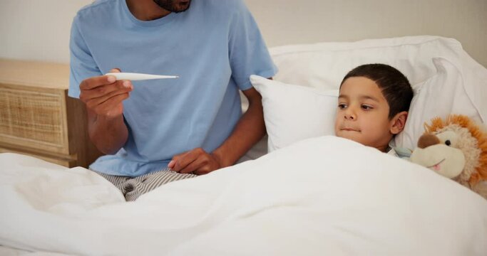 Dad, thermometer and sick child in bed with teddy bear for comfort, cold or flu virus healthcare in home. Illness, fever and boy in bedroom with father for homecare, recovery and checking temperature