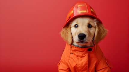 Cute Golden Retriever Puppy in Firefighter Suit on Red Background