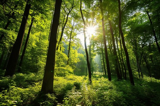 Beautiful green forest background in the morning,  nature green wood sunlight backgrounds