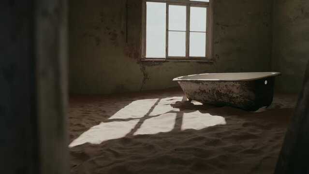 Rusty bathtub filled with sand.