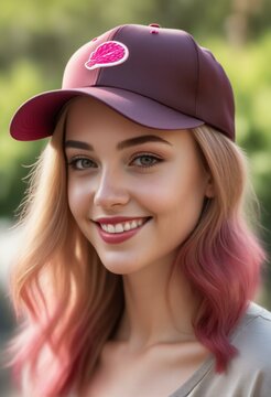 Portrait Of Smiling Young Woman In Baseball Cap Looking At Camera Outdoors