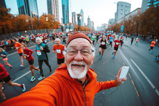 Young senior man marathon runner is taking a selfie picture while running a marathon, crowd of other runners and big city view in the background