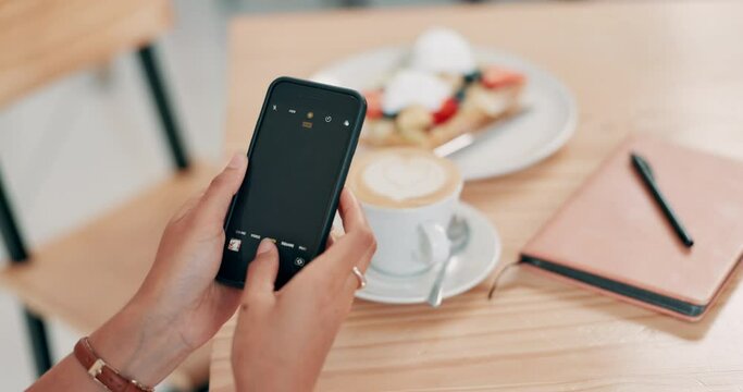 Hands, cellphone screen and photography in restaurant for coffee, dessert and post food to social media as influencer. Person, mobile app and picture of cappuccino for online blog and for eating