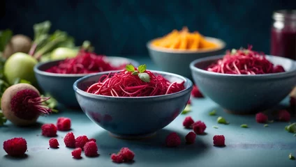 Fotobehang Sliced Vegetarian Delight: Fresh and Colorful Vegetable Medley for Healthy Eating © Asayamrad