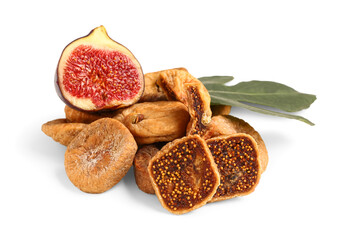 Sweet dried figs and fresh fruit on white background