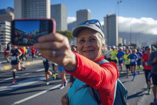Young senior woman marathon runner is taking a selfie picture while running a marathon, crowd of other runners and big city view in the background