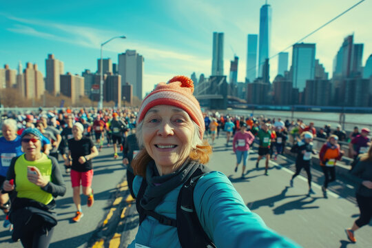 Young senior woman marathon runner is taking a selfie picture while running a marathon, crowd of other runners and big city view in the background