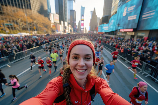 Young woman marathon runner is taking a selfie picture while running a marathon, crowd of other runners and big city view in the background