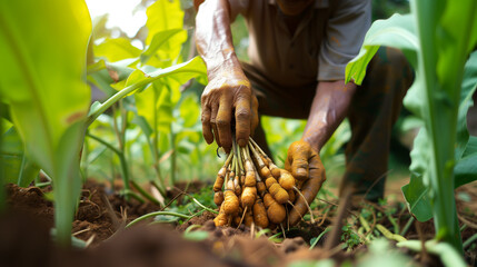 Indian man pulling fresh turmeric out of the ground - obrazy, fototapety, plakaty
